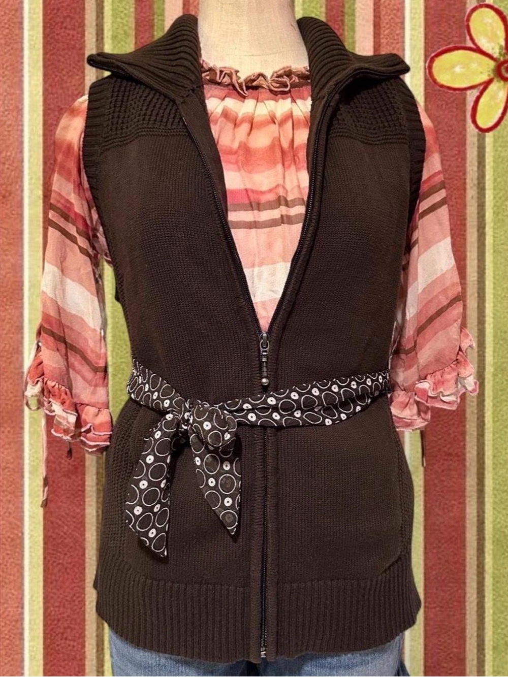Chocolate Brown 100% Cotton Knit Zip-Front Vest Jacket Whimsical